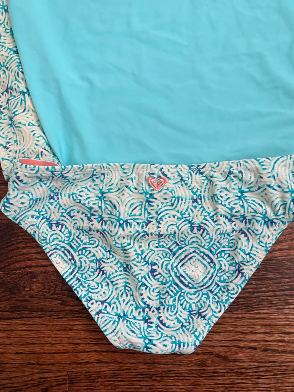 Roxy Girls' Teal Rash Guard Set with Patterned Sleeves and Bikini